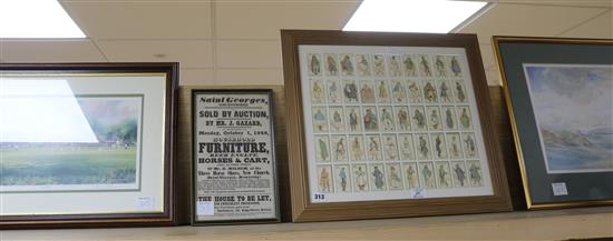 Bill of Sale framed poster, a Dickens cigarette card picture, a cricket scene picture and Seaford Links golfing picture